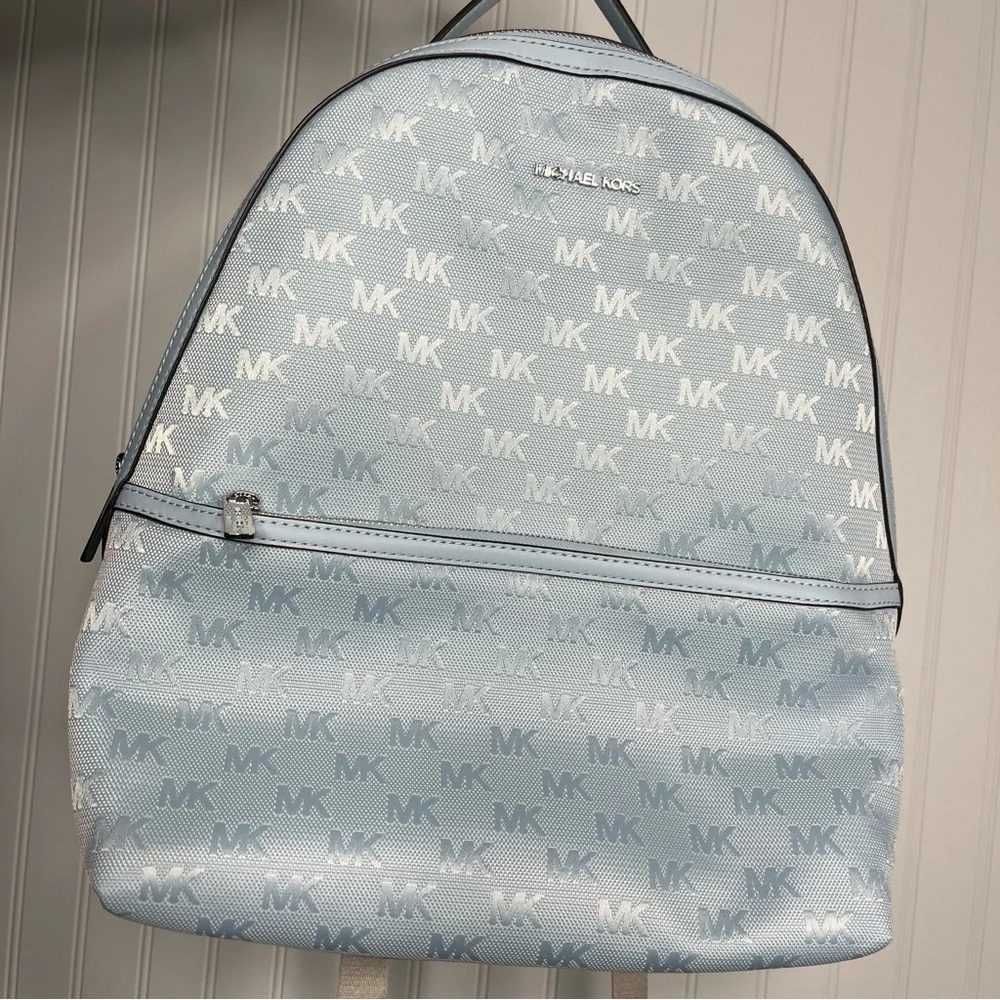 Michael Kors Sheila Large Woven Logo Nylon backpack Sky Blue Jacquard Laptop Bag - Picture 4 of 15
